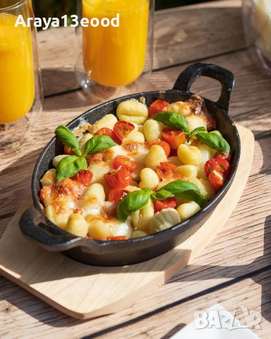 Чугунен съд за печене Judge Sizzle & Serve с дървена подложка 20 x 14 см, снимка 3 - Съдове за готвене - 55258949
