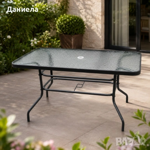 Градинска маса 150x90 см със закалено стъкло и отвор за чадър – Черна метална рамка, снимка 2 - Други стоки за дома - 54700135