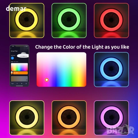 Смарт таванен вентилатор с LED RGB осветление 50 см, WiFi, Alexa, дистанционно, снимка 7 - Вентилатори - 55278527