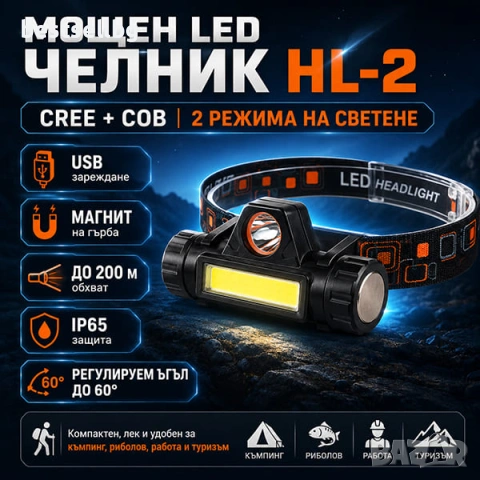 Акумулаторен LED челник фенер глава бягане планина лов риболов каска