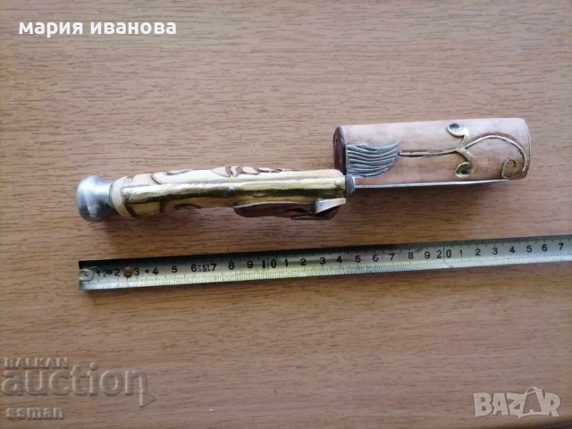 стар нож с дръжка от чемшир украса кон и камъни, снимка 4 - Други ценни предмети - 54946715