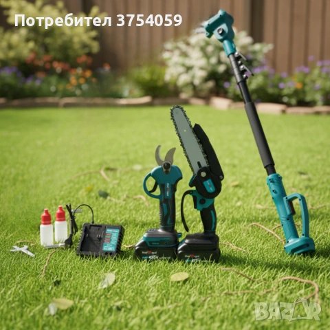 Комплект 3 в 1 от акумулаторна лозарска ножица, акумулаторен мини верижен трион и телескопичен прът, снимка 2 - Моторни триони/резачки - 55184477