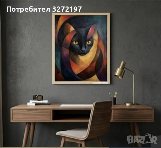 Абстрактна картина с котка на платно в рамка JYSK модел TORD с размери 50x70 см., снимка 3 - Декорация за дома - 54323700