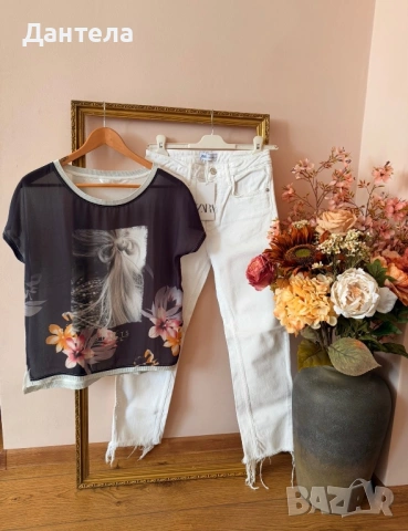 ZARA Нови дамски бели дънки и тениска
