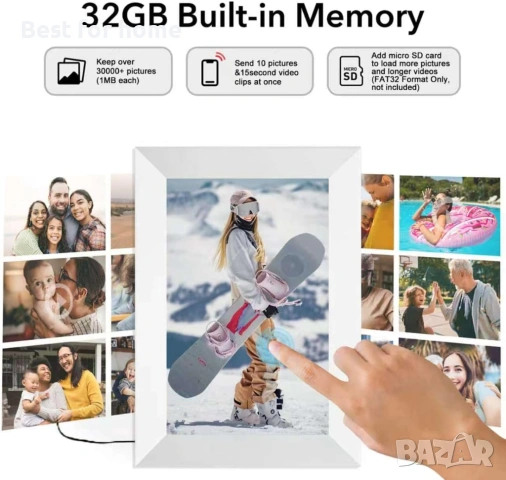 Frameo Бяла 10,1-инчова смарт WiFi цифрова фоторамка, цифрова фоторамка Wi-Fi с 32GB памет и SD слот, снимка 3 - Друга електроника - 54886003