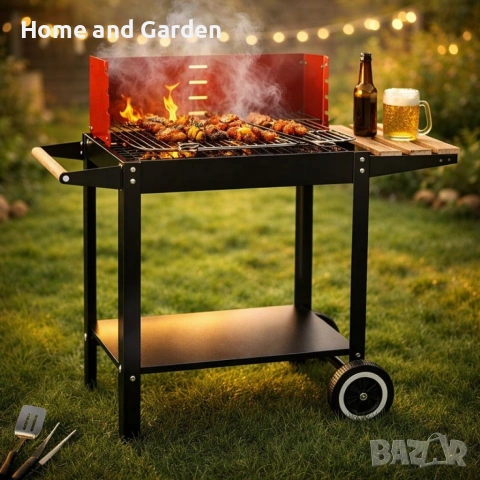 Градинско барбекю на колела, емайлирана стомана, 4 степени + Подарък 3 прибора, снимка 2 - Барбекюта - 54027802
