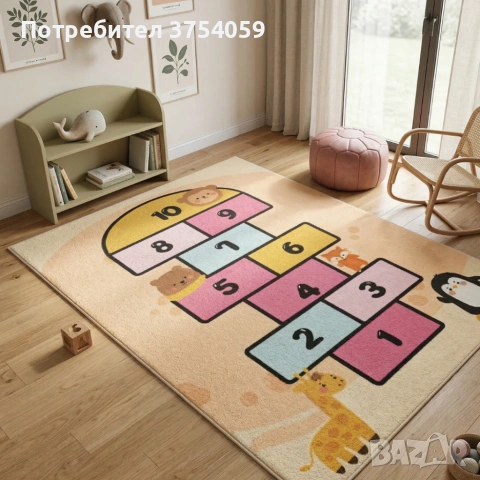 Детски килим за игра 120х160см - Пясъчен килим с жирав и розова дама, противоплъзгащ и миещ се, снимка 3 - Килими - 55162531
