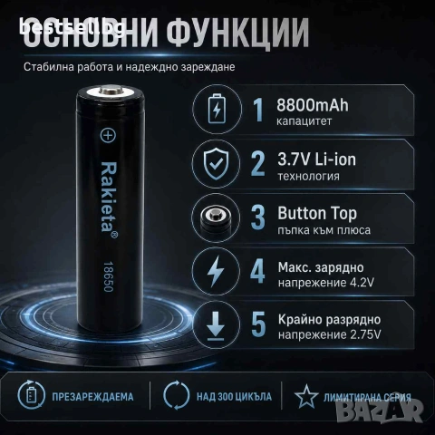 Акумулаторна батерия 18650 Li-ion 3.7V Rakieta 8800mAh презареждаща се, снимка 2 - Друга електроника - 39788841