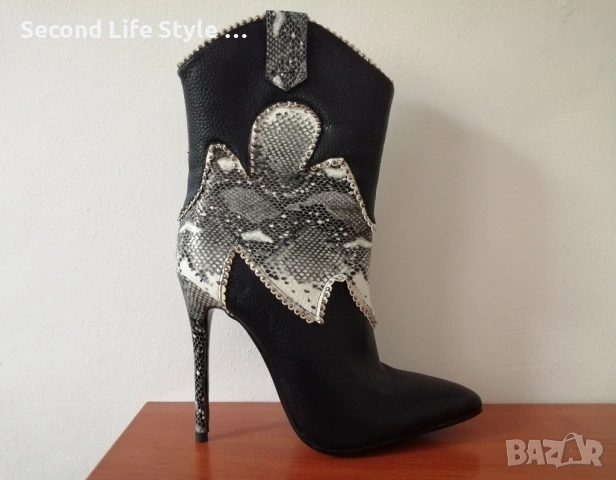 №36 дамски кожени боти със змийска кожа и кристали, висок тънък ток и остър връх