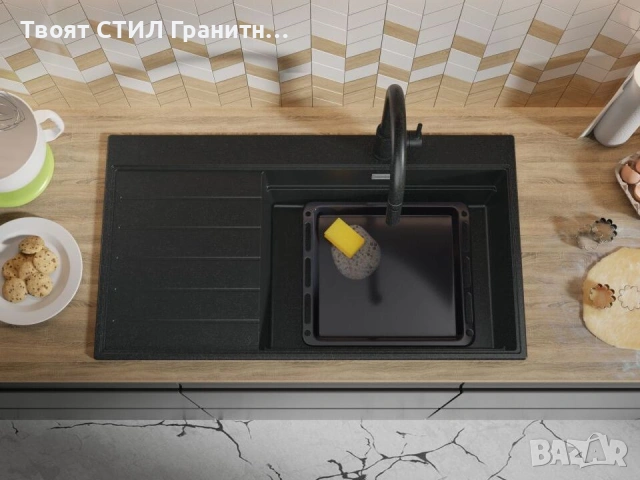 Графит гранитна кухненска мивка Сидни 900-60 Ergo Multilevel 900х500 мм, снимка 3 - Мивки - 54712463