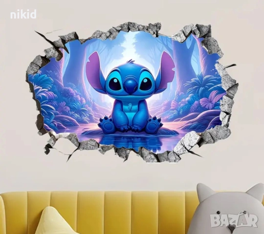 Стич Stitch син фон фауна стикер лепенка за стена детска стая самозалепващ
