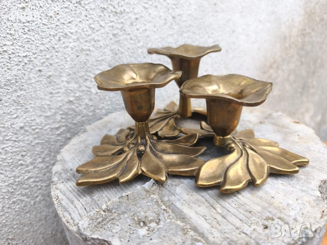 Троен месингов свещник , снимка 4 - Антикварни и старинни предмети - 54103638
