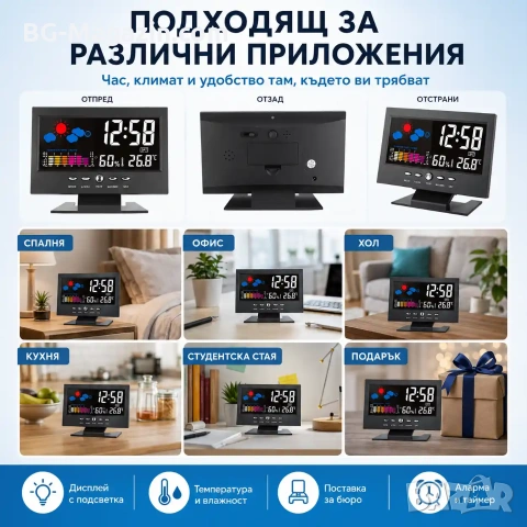 Електронна метеостанция с LED часовник дигитален термометър влагомер гласов контрол на батерии, снимка 6 - Други - 53109055