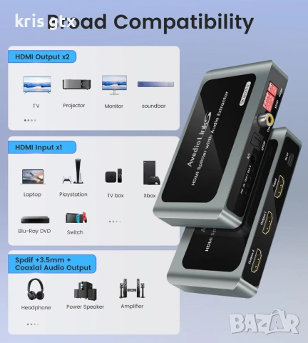 HDMI Audio Extractor HDMI аудио екстрактор сплитер HDMI+Toslink SPDIF+Coaxial Dobly Atmos 7.1, DTS, снимка 3 - Други - 54712982