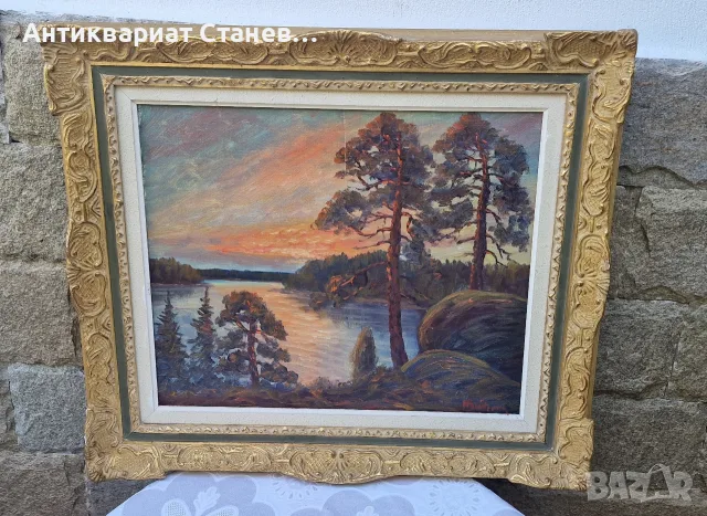🌲 ВПЕЧАТЛЯВАЩ СКАНДИНАВСКИ ПЕЙЗАЖ – МАСЛЕНА ЖИВОПИС В БОГАТА ДЕКОРАТИВНА РАМКА 🇸🇪🎨, снимка 18 - Антикварни и старинни предмети - 55304511