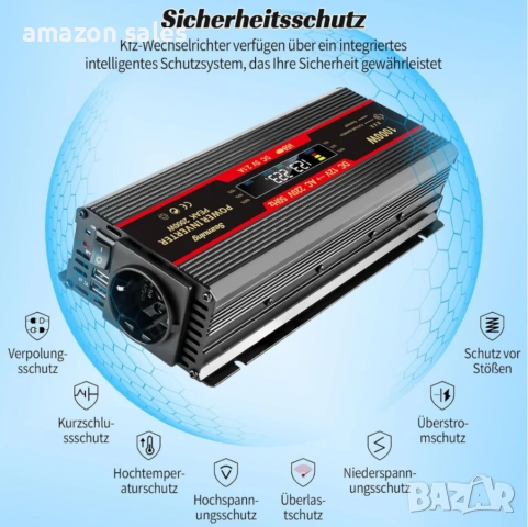 Seamuing 1000W инвертор за кола DC 12V към AC 220V конвертор за EU контакт и USB порт, снимка 3 - Аксесоари и консумативи - 54754816