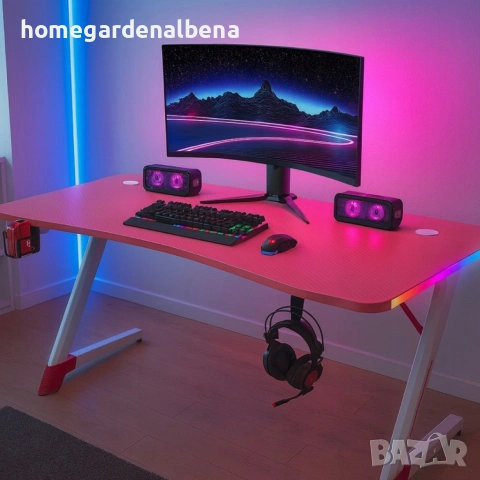 Розово геймърско бюро 140x60x75 см, RGB LED осветление, карбонов плот, стойка за слушалки и напитки, снимка 2 - Бюра - 54687161