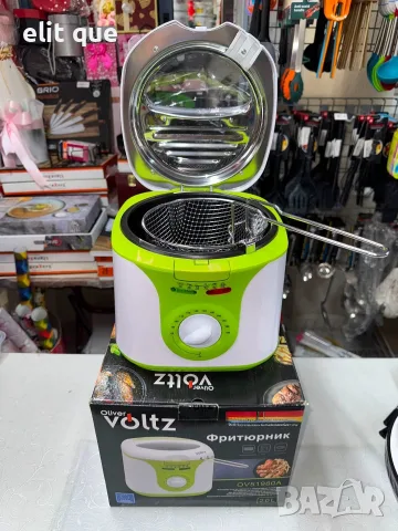 Фритюрник Voltz, 2 литра, 1300W, 80-190 C, Незалепващ съд, Бял/зелен 2 ГОДИНИ ГАРАНЦИЯ