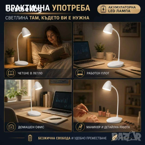 Стилна и мощна акумулаторна настолна нощна лампа с LED осветление мощност 9W три режима на сила на с, снимка 3 - Настолни лампи - 29096674