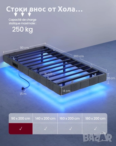 Легло 90 x 200 см с LED осветление, плаващ ефект, тапицирани страници, 2 AC контакта, 2 USB-A и 1 US, снимка 2 - Спални и легла - 55284966