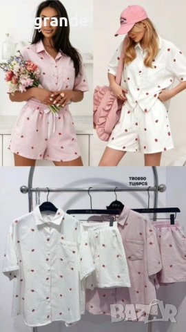  🎀Уникален Дамски Сет 👚Риза и Панталонки с Бродерия в Бяло и Розово, снимка 3 - Комплекти - 54902458