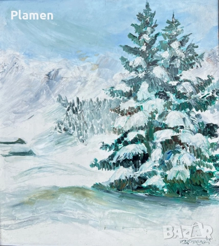 УНИКАТ ТРИПТИХ КАРТИНА АКСИНИЯ ДЖУРОВА 1992 Г. ЗИМЕН ПЕЙЗАЖ МАСЛО, снимка 3 - Картини - 54148211