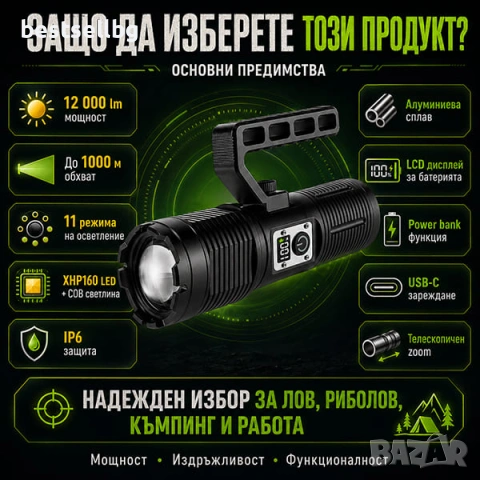 Мощен далекобоен тактически прожектор акумулаторен LED ръчен фенер и къмпинг лампа за лов риболов, снимка 4 - Къмпинг осветление - 50876287