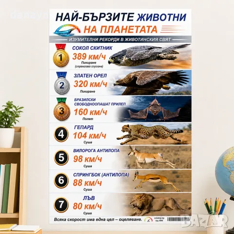 6949 Най-бързите животни на планетата табло А3, ламинирано, снимка 3 - Ученически пособия, канцеларски материали - 55502804