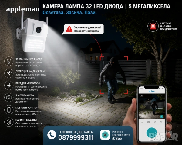 FullHD WiFi камера LED градинско осветление видеонаблюдение iCSee, снимка 3 - HD камери - 35918634