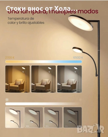 LED подова лампа VASAGLE , регулируема височина, 42W, въртяща се глава, таймер и дистанционно, снимка 5 - Настолни лампи - 54590804