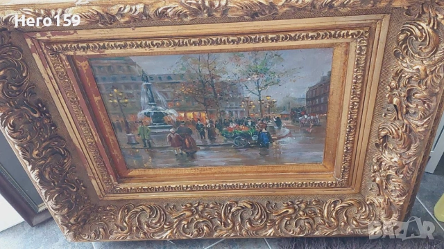 Стара авторска картина,масло Франция 19век, снимка 11 - Антикварни и старинни предмети - 54516219