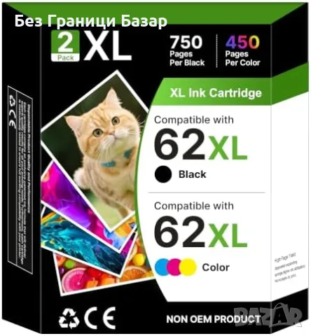 Нови Съвместими касети HP 62XL черна цветна за ENVY OfficeJet, 2 броя тонер мастило принтер печат