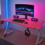 Розово геймърско бюро 140x60x75 см, RGB LED осветление, карбонов плот, стойка за слушалки и напитки, снимка 2