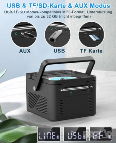 Преносим CD плейър Greadio CD-W16, Boombox касетофон с FM радио, Bluetooth 5.1, батерия 5000 mAh, снимка 3 - MP3 и MP4 плеъри - 54980675