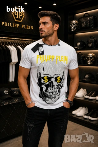 Philipp Plein бяла мъжка тениска Dollar Skull – S, M, L, XXL, снимка 2 - Тениски - 54427454