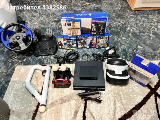 PS4 Slim 500GB + PS VR + Thrustmaster T150 + 3 контролера + игри + гаранция