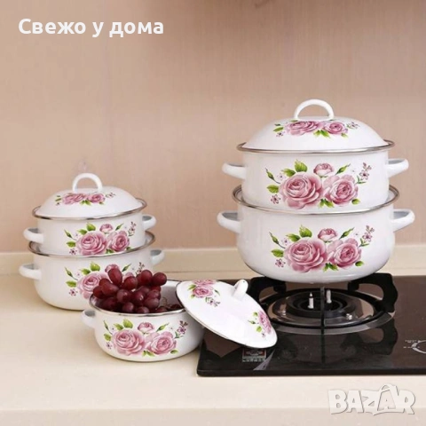 Комплект 5 бр. емайлирани тенджери с незалепващо покритите + капаци ТОП КАЧЕСТВО, снимка 2 - Съдове за готвене - 54170794