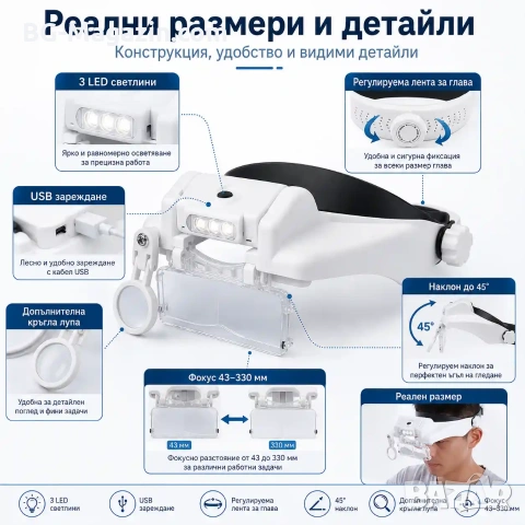 Увеличителна часовникарска лупа за глава око очила с LED осветление светлина лампа бижутери мощна, снимка 7 - Други инструменти - 50919425