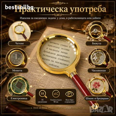 Увеличителна мощна голяма стъклена ръчна лупа 5Х за четене работа деца, снимка 2 - Други инструменти - 29155955