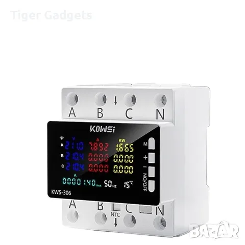KWS-306 трифазен DIN електромер 0-80A с LCD дисплей, измерване на енергия и защити