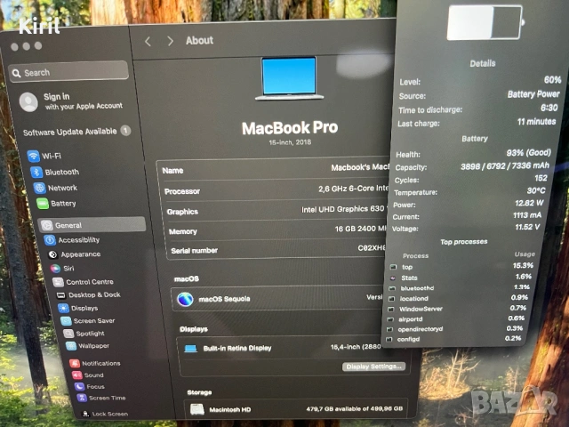 Apple MacBook Pro "Core i7" 2.6 15" Touch/2018  Mid-2018 15" (Touch Bar) 512 SSD,16 RAM, снимка 7 - Лаптопи за работа - 54526118