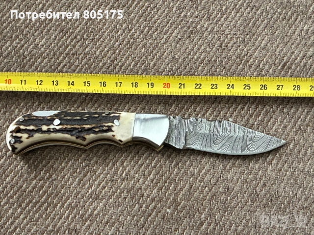 Сгъваем , джобен нож , еленов рог, дамаска стомана, снимка 3 - Ножове - 54654864