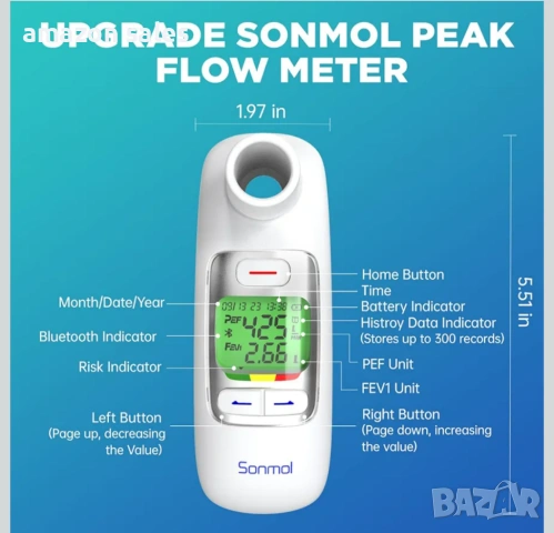 Пиков дебитомер Sonmol,Bluetooth,PEF и FEV1 за деца,възрастни,астма,ХОББ и други белодробни - нов, снимка 7 - Други - 54386882