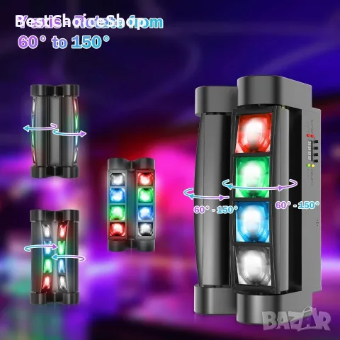 BETOPPER Сценична светлина, DJ светлина с движеща се глава за партита, 8x3W RGBW LED паяк, снимка 13 - Прожектори - 55619740