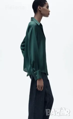 Ново Сатенена изумрудено зелена риза Zara / Дамска блуза Зара размер М, снимка 2 - Ризи - 55554471