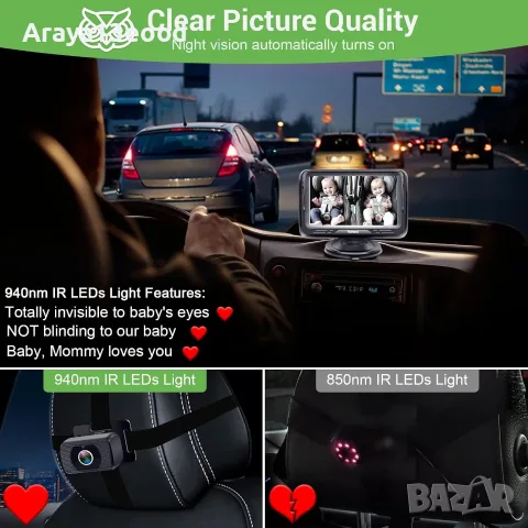 Rohent Baby Camera 1080P – Камера за наблюдение на бебе в автомобил с 4.3" дисплей и нощно виждане, снимка 3 - Други - 55622509