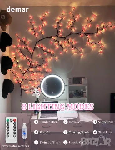LED лампи за стена - клонки с черешов цвят, 8 режима, 144 LED, дистанционно, 2,3 м, снимка 3 - Декорация за дома - 55622120