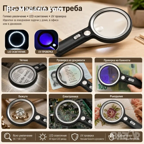 Професионална голяма увеличителна лупа LED и UV осветление мощна 5X 13X 20X стъклена четене на книги, снимка 4 - Други инструменти - 50919783