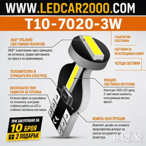LED T10 7020 3SMD CANBUS – Супер ярка бяла светлина 6000K, снимка 3 - Аксесоари и консумативи - 54584503