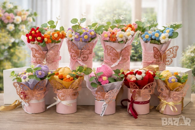 Ръчно плетени цветя, саксии и подаръчни кутии